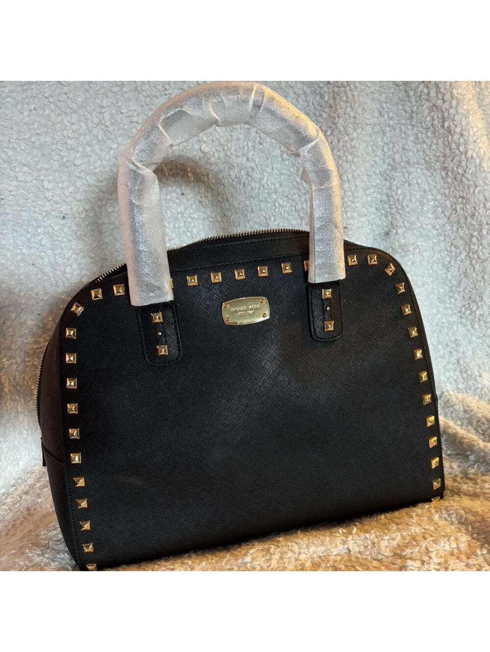 Michael Kors Sandrine studded satchel in black leather with gold hardware
